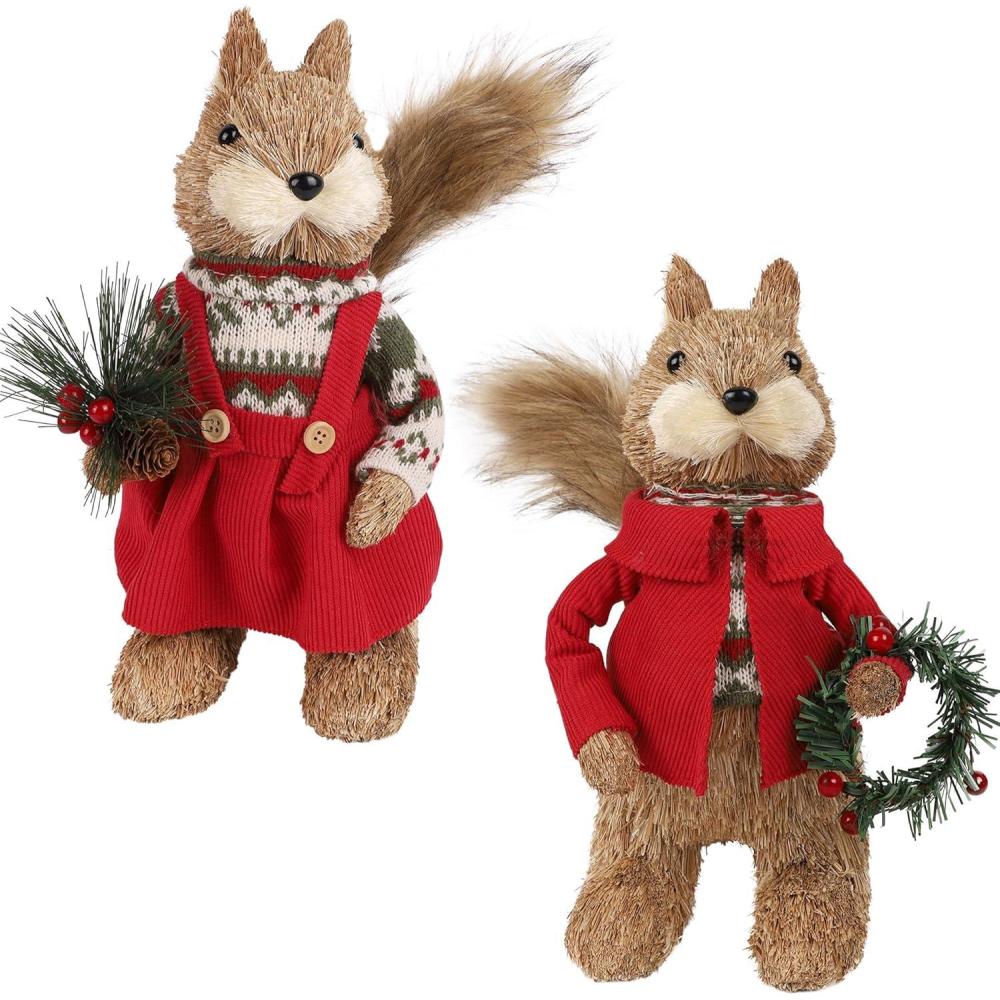 imagewinemana 2 Pack Christmas Squirrel Tabletop Decorations Sisal Squirrel Figurine for Home Decor Woodland Animals Rustic Xmas Ornaments for Table Office Indoor Forest Decor Seasonal Gifts