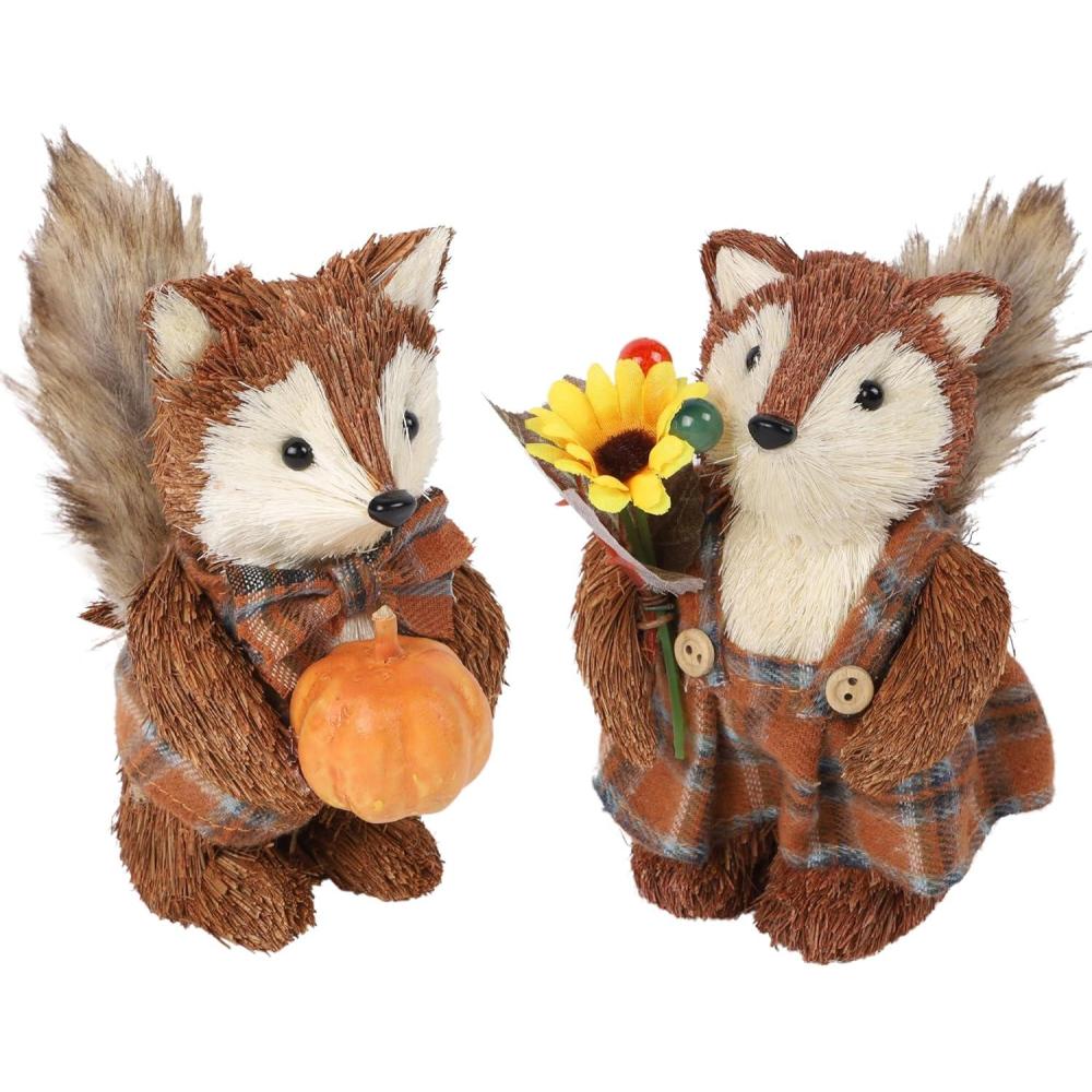 imagewinemana 2 Pack Fall Decor Fox Thanksgiving Decorations Indoor Sisal Foxes for Home Table Centerpiece Handmade Autumn Woodland Animal Friend Figurines with Pumpkin for Shelf Office Dcorstyle 2