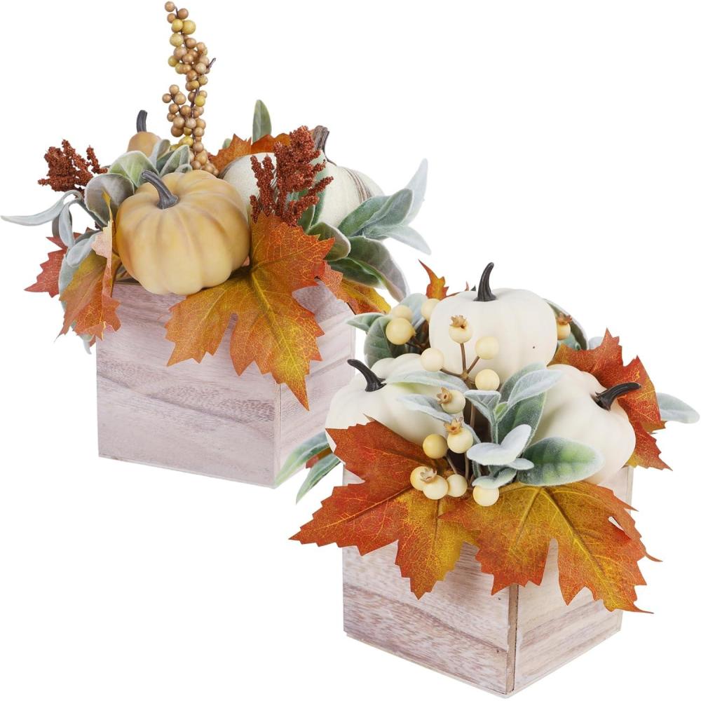 imagewinemana 2 Pack Fall Decorations for Home  Artificial Pumpkin Gourd Berries ampamp Leaves in Wood Vase  Autumn Table Centerpiece for Dining Mantel Indoors