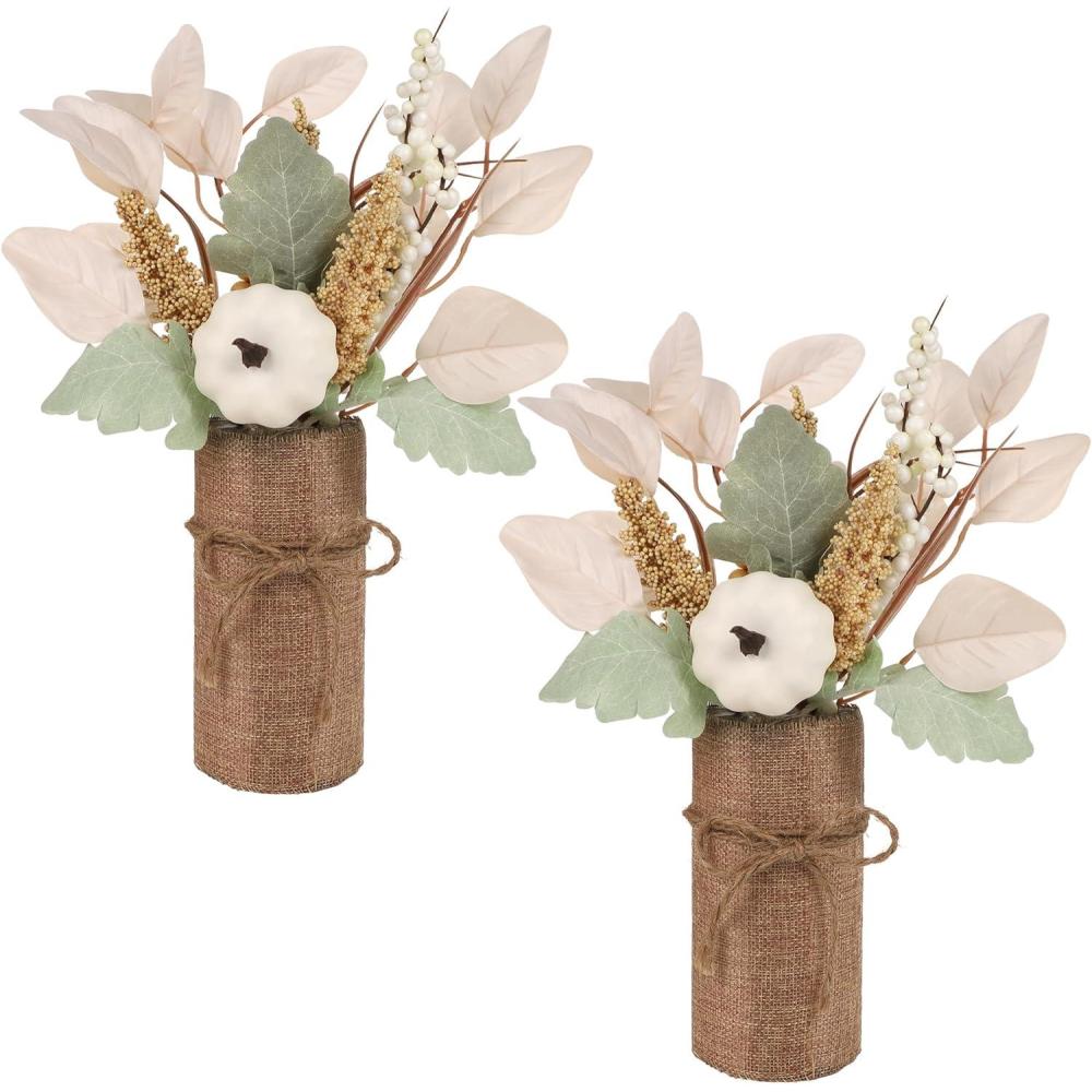 imagewinemana 2 Pack Fall Table Decor Fake Pumpkin Leaf Berry Dining Table Centerpiece Thanksgiving Decorations for Harvest Wedding Room Home Farmhouse Porch