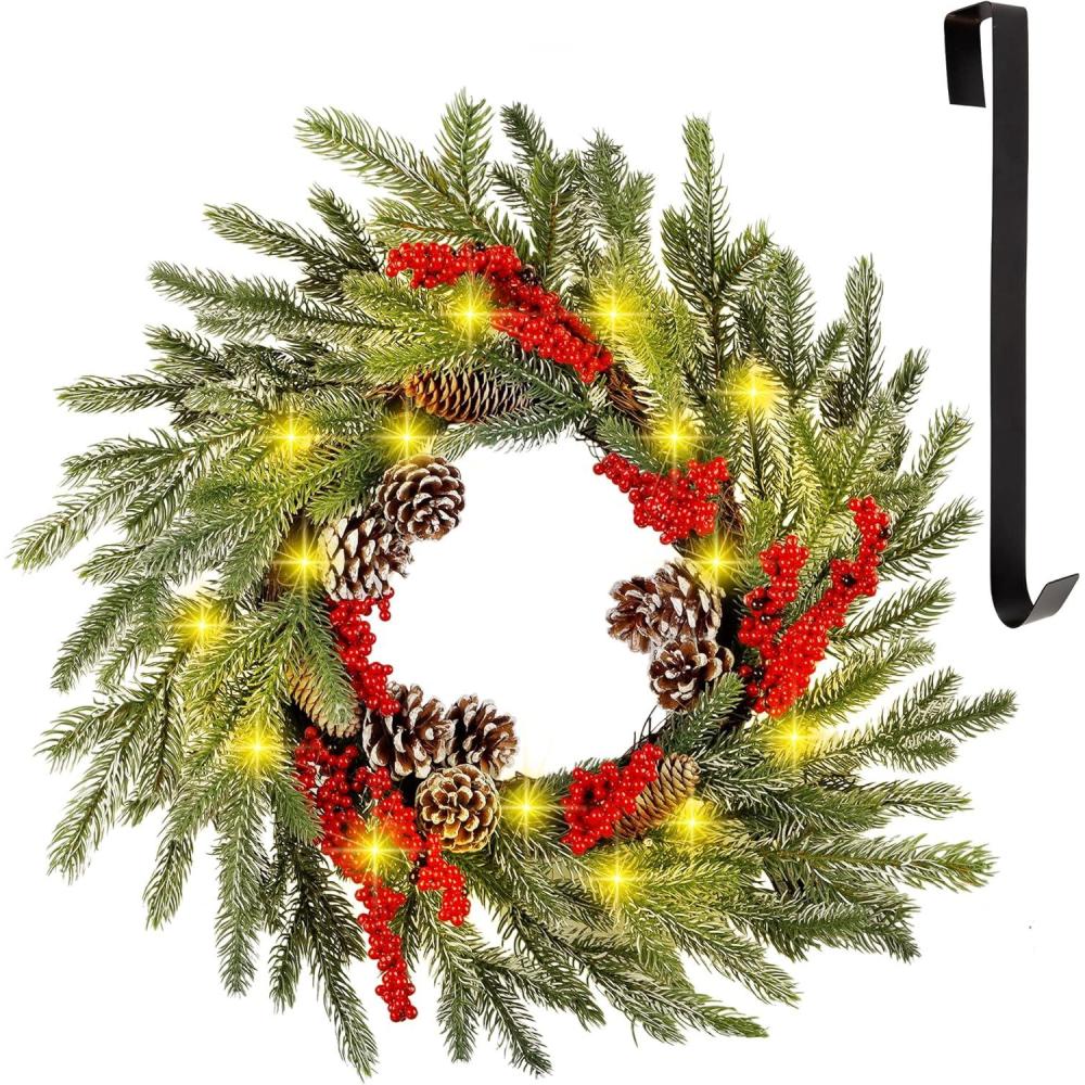 imagewinemana 24 Inch PreLit Christmas Wreath with Hanger Timer Pine Cone and Red Berries BatteryOperated 20 LED Lighted Artificial Wreath Decoration for Front Door Mantel Xmas Party