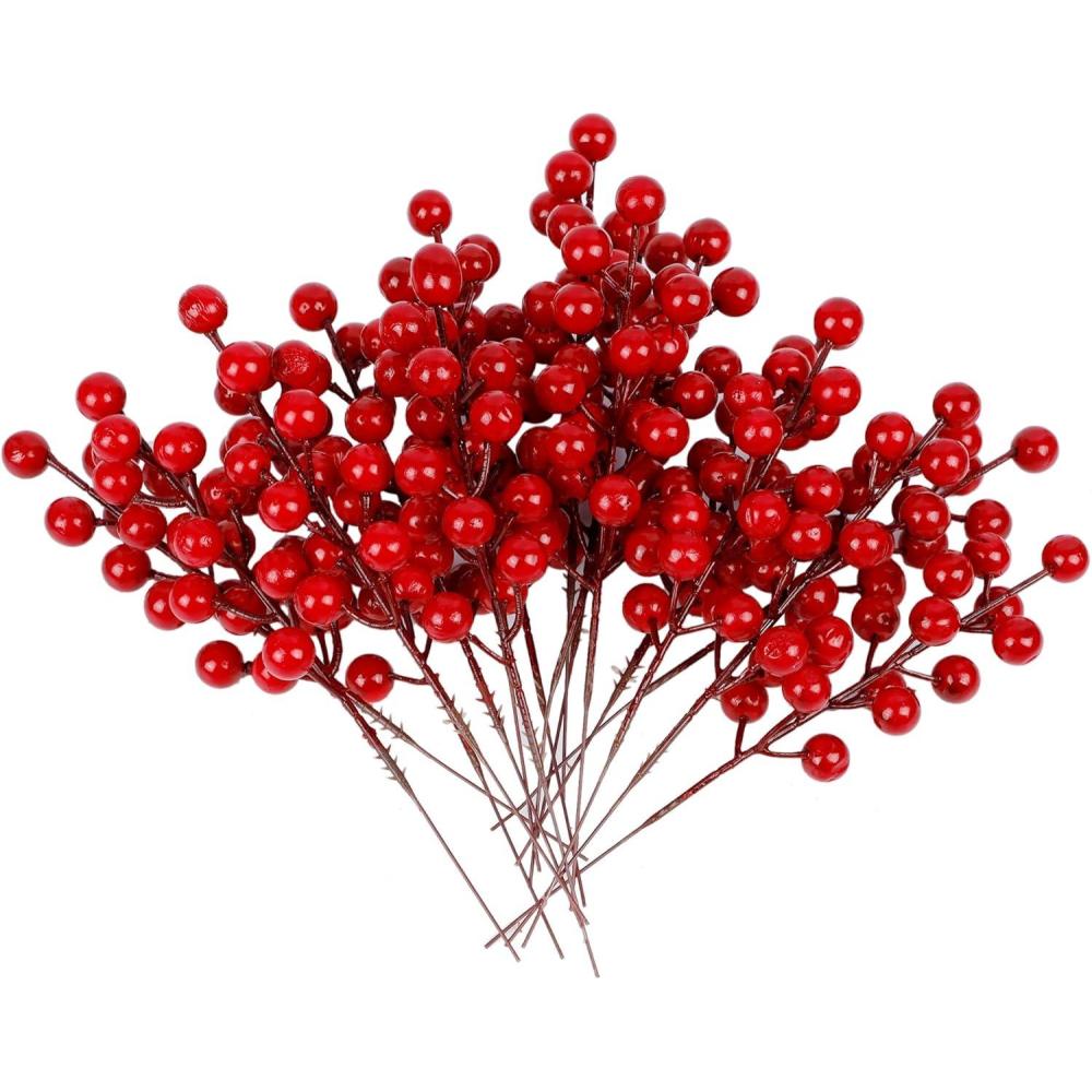 imagewinemana 24 Pack 8 Inch Christmas Glitter Faux Winter Berry Sprigs Artificial Sparking Red Berries Ornaments for Christmas Tree DIY Crafts Wreath Garland Decor RedRed1
