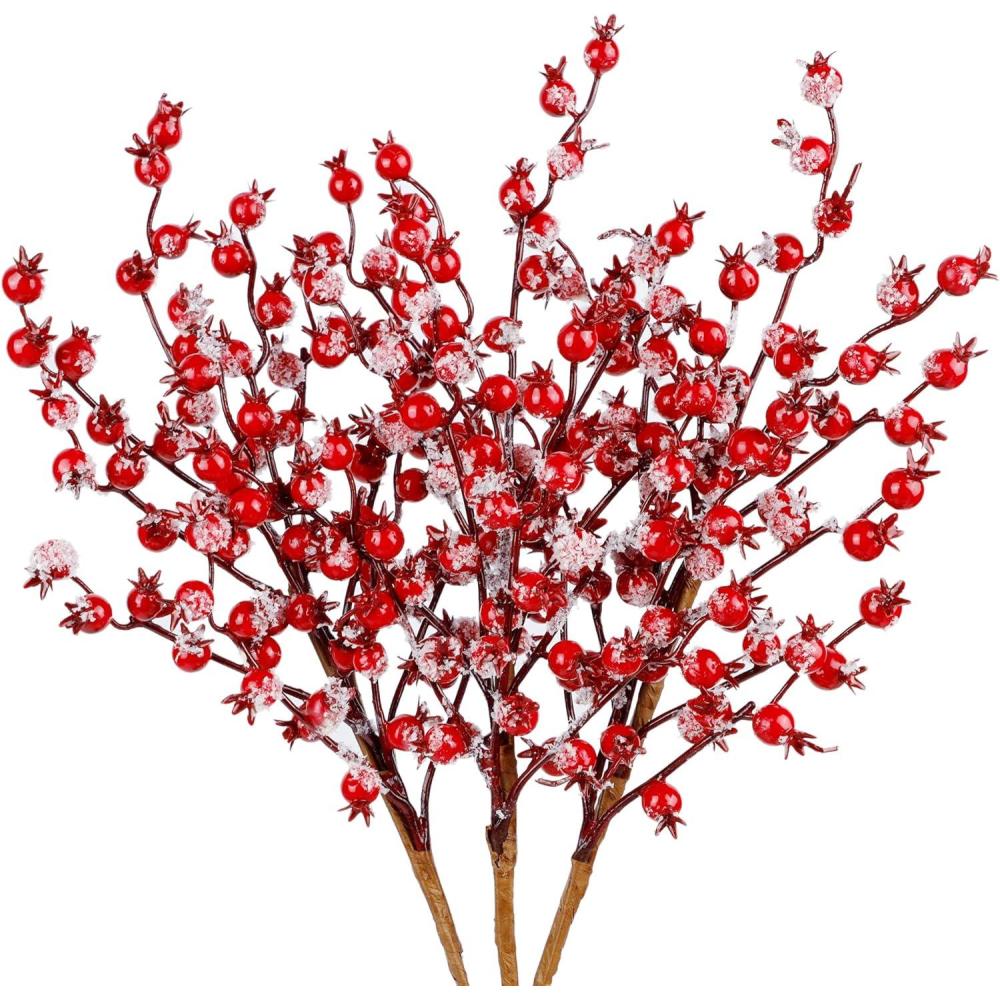 imagewinemana 24 Pack 8 Inch Christmas Glitter Faux Winter Berry Sprigs Artificial Sparking Red Berries Ornaments for Christmas Tree DIY Crafts Wreath Garland Decor RedRed3