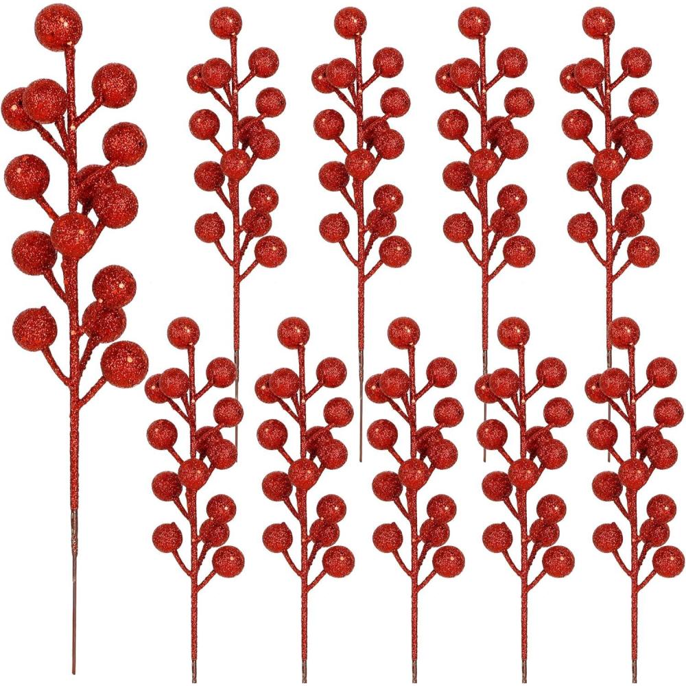 imagewinemana 24 Pack 8 Inch Christmas Glitter Faux Winter Berry Sprigs Artificial Sparking Red Berries Ornaments for Christmas Tree DIY Crafts Wreath Garland Decor RedRed2