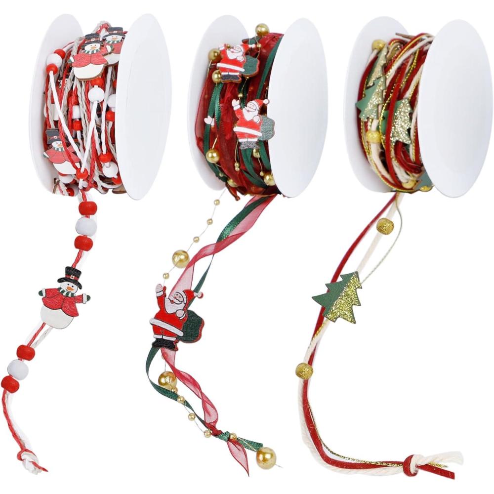 imagewinemana 3 Pack 164 Ft Christmas Beads Ribbon Christmas Tree Trim Rope with Santa Claus Snowman Xmas Decorations for Garland Wreath Gift Wrapping DIY Crafts Ornaments Wedding Party DecorColor 1