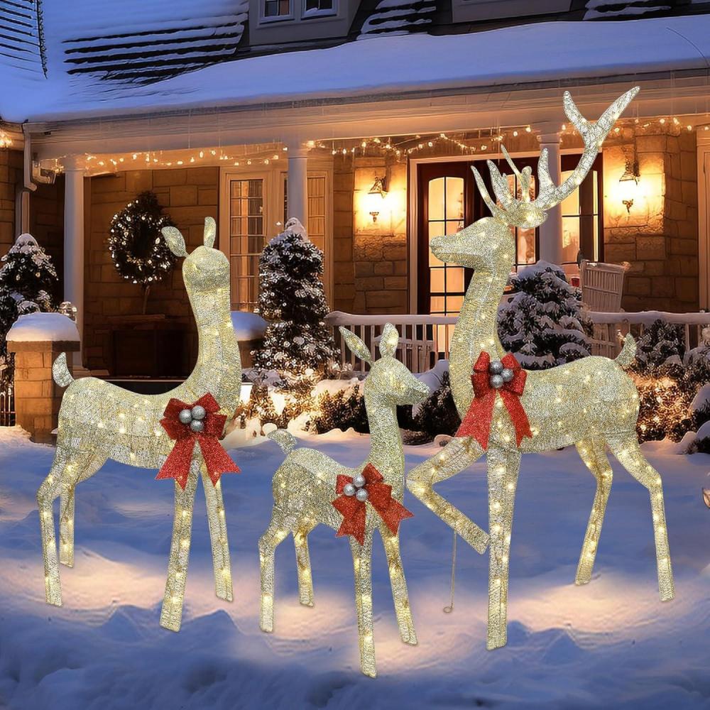 imagewinemana 3 Pcs Christmas Reindeer Decorations Outdoor Lighted Large Deer Yard Decor Light up 3D Deer Family Set for Outside Indoor Lawn Garden Xmas Holiday Party Gold