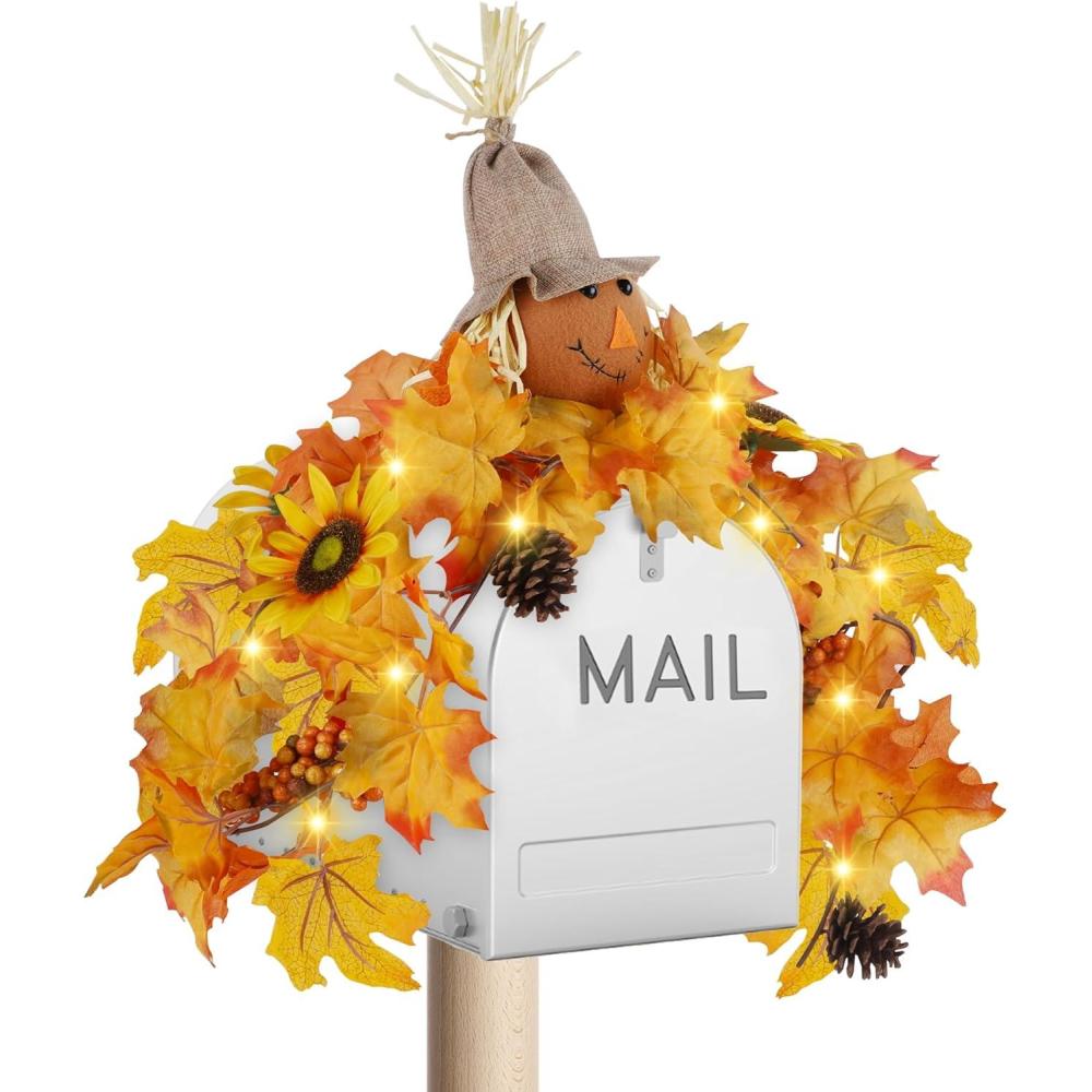 imagewinemana 315in Outdoor Fall Decor for Mailbox Lighted Fall Swag with 8 Modes ampamp Timer Autumn Scarecrow ampamp Sunflower Thanksgiving Table Centerpiece Decorations