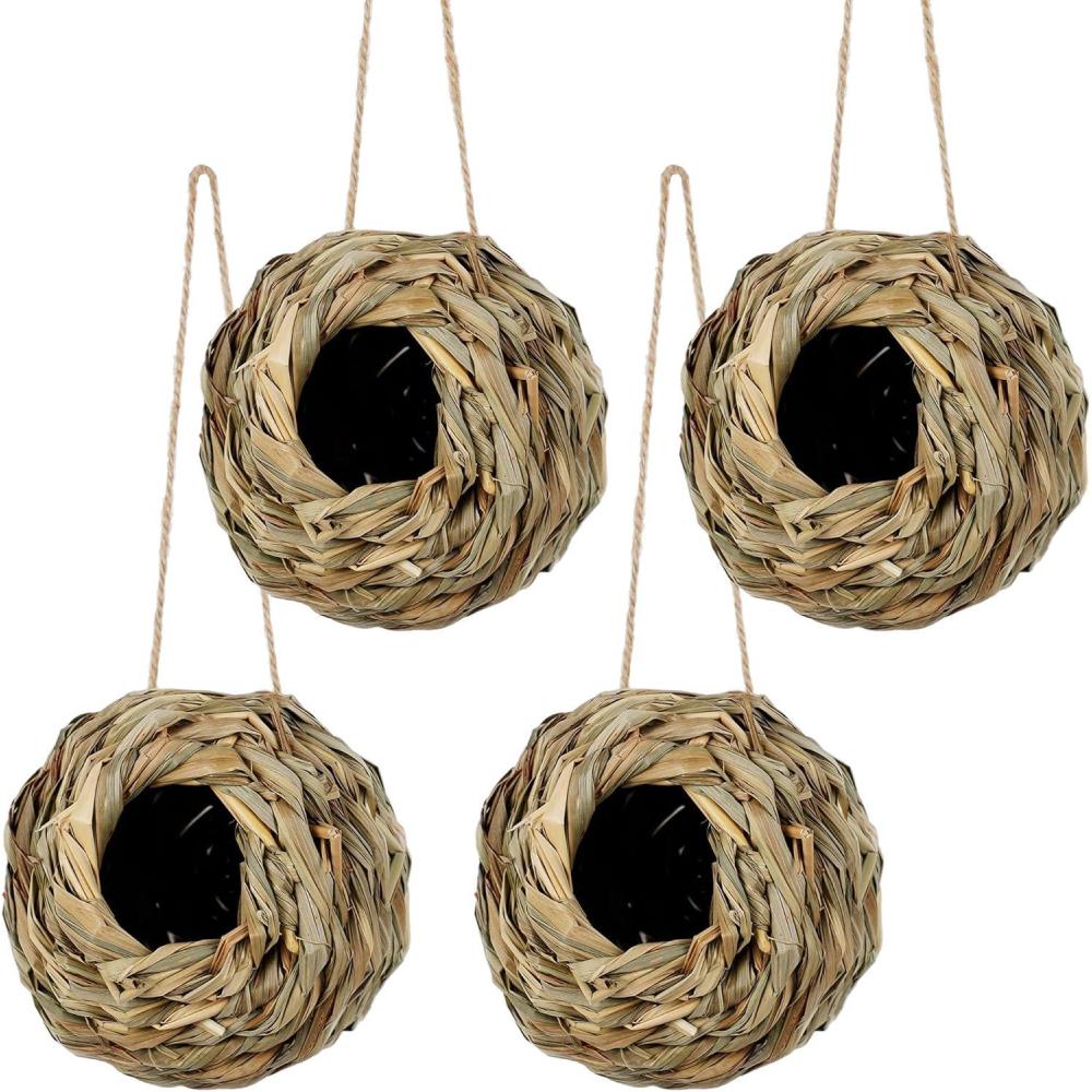 imagewinemana 4 Pack Hanging Bird Nest House for Outside Ball Shape Hand Woven Durable Sturdy Made of Natural Grass Perfect for Garden Patio Lawn Office Indoor4 Pack Hanging Hummingbird House