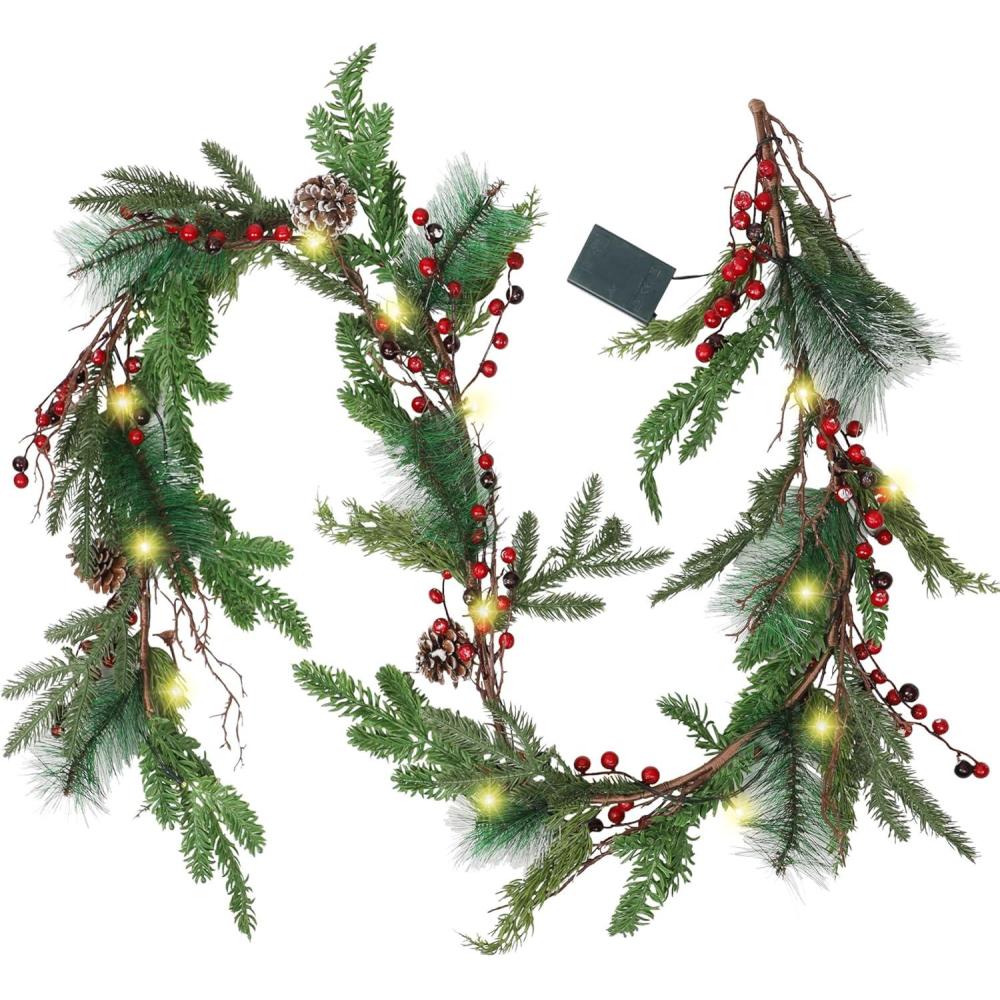 imagewinemana 6 FT Prelit Artificial Christmas Garland with 20 LED Lights Battery Powered with Pine Cones Red Berries Pine Needles Lighted Christmas Garlands for Fireplace Mantle Holiday Decorations