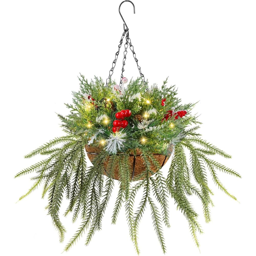 imagewinemana Christmas Hanging Basket Decorations PreLit Hanging Baskets Artificial Plant with Lights Timer Norfolk Pine Cones Berry Clusters for Front Porch Outdoor Winter Christmas Xmas Decoration