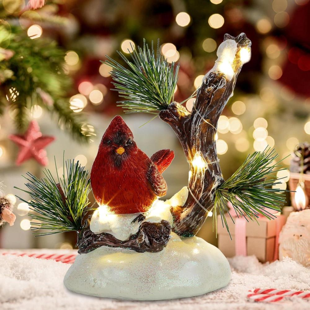 imagewinemana Christmas Tabletop Decorations LED Lights Cardinal Resin Ornament Lighted Red Bird on Snowy Pine Tree Holiday Decor for Indoor Home Table Desk Kitchen Room Xmas Party