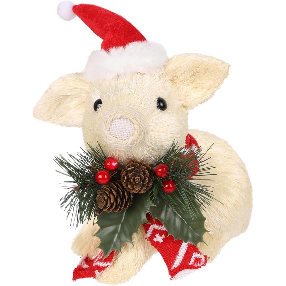 imagewinemana Christmas Tabletop Decorations Sisal Pig Figurine with Santa Hat Scarf for Home Rustic Farmhouse Christmas Ornaments Xmas Holiday Winter Decor for Indoor Office Shelf Mantle Centerpieces