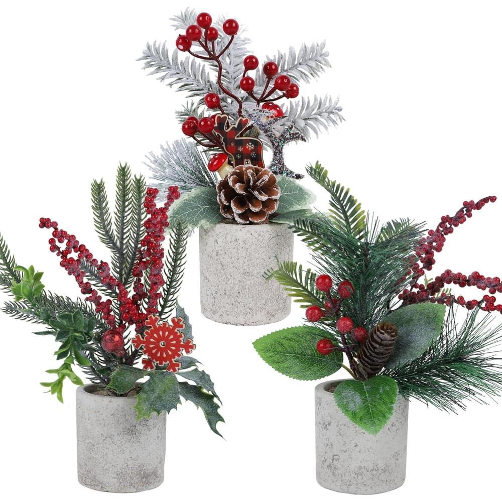 imagewinemana Mini Christmas Tree Table Decorations Indoor 3 Pcs Small Artificial Xmas Trees Decoration with Red Berries Pine Cone for Centerpiece Kitchen Office Tabletop Home Holiday Decorstyle 7