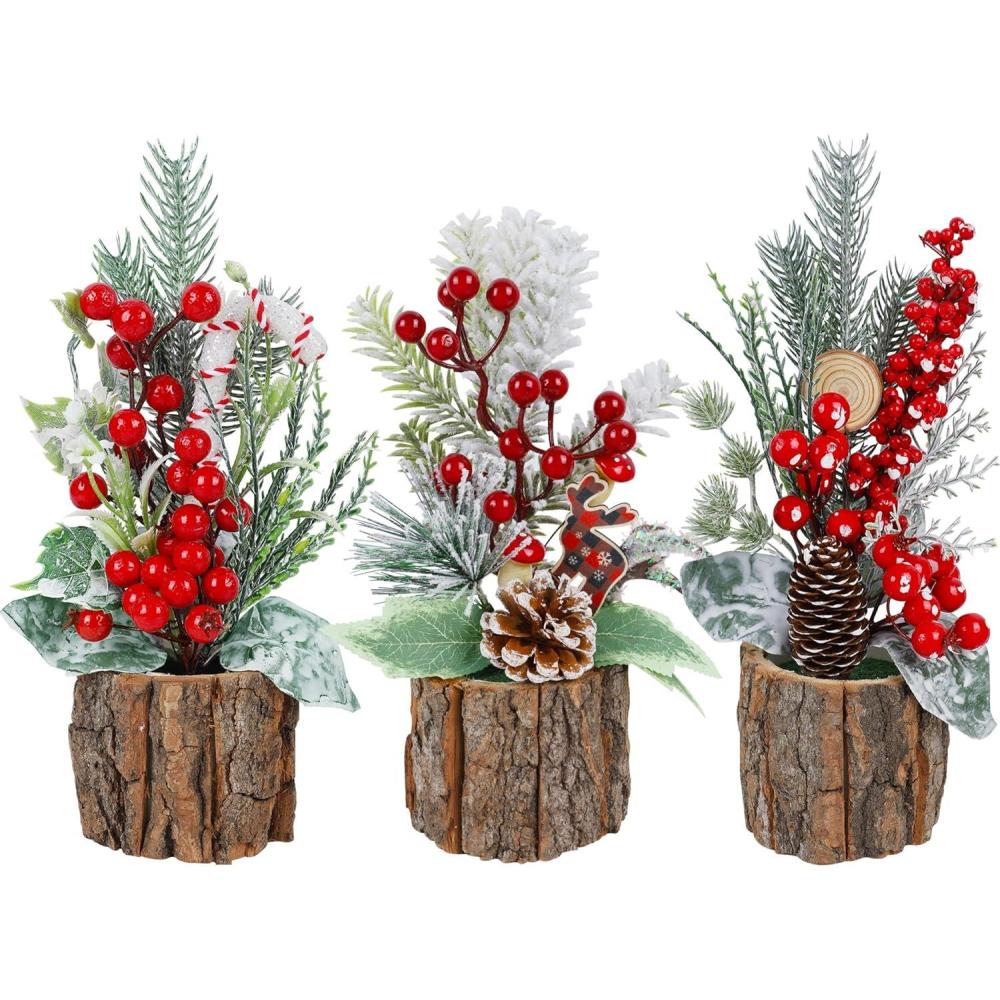 imagewinemana Mini Christmas Tree Table Decorations Indoor 3 Pcs Small Artificial Xmas Trees Decoration with Red Berries Pine Cone for Centerpiece Kitchen Office Tabletop Home Holiday Decorstyle 6