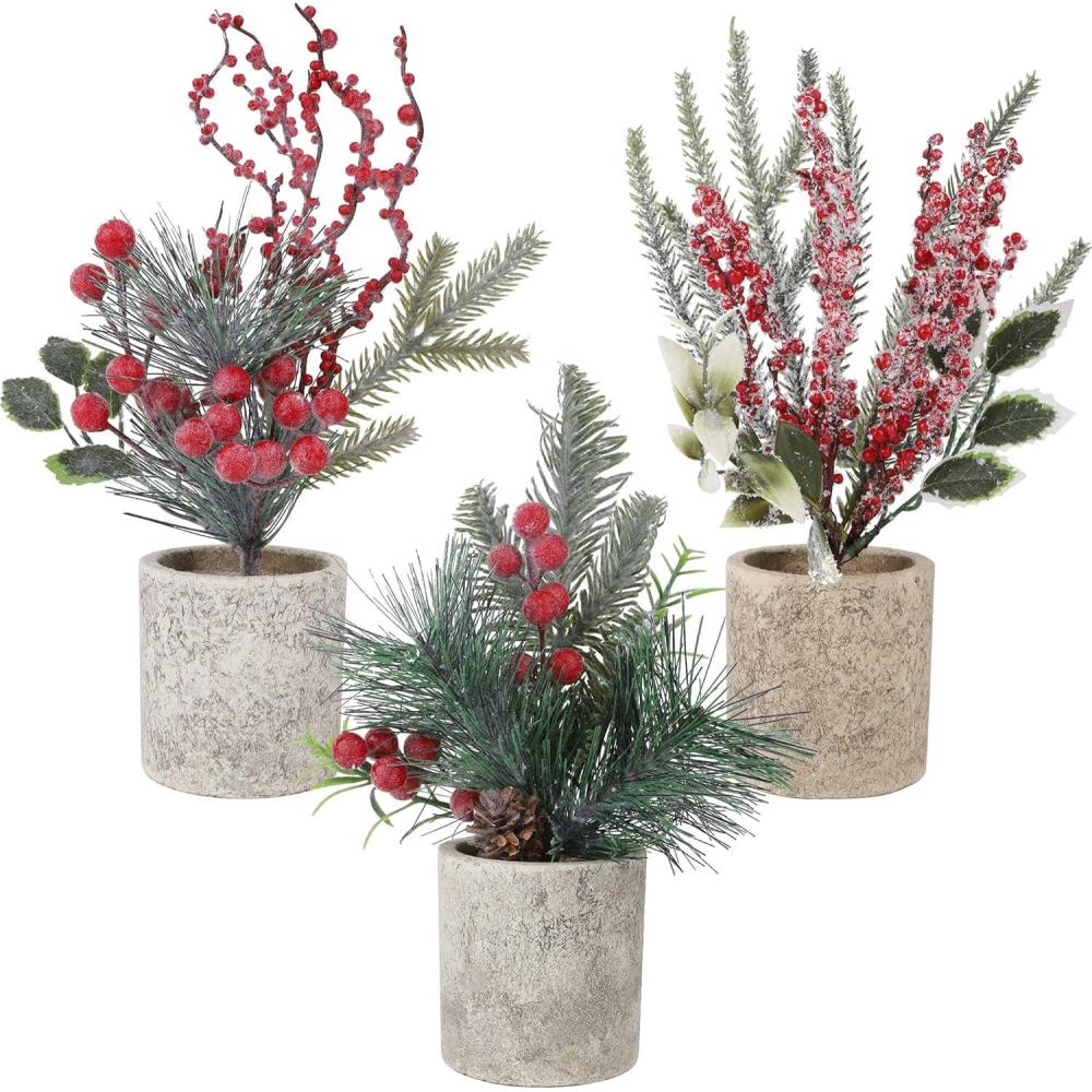 imagewinemana Mini Christmas Tree Table Decorations Indoor 3 Pcs Small Artificial Xmas Trees Decoration with Red Berries Pine Cone for Centerpiece Kitchen Office Tabletop Home Holiday Decorstyle 4