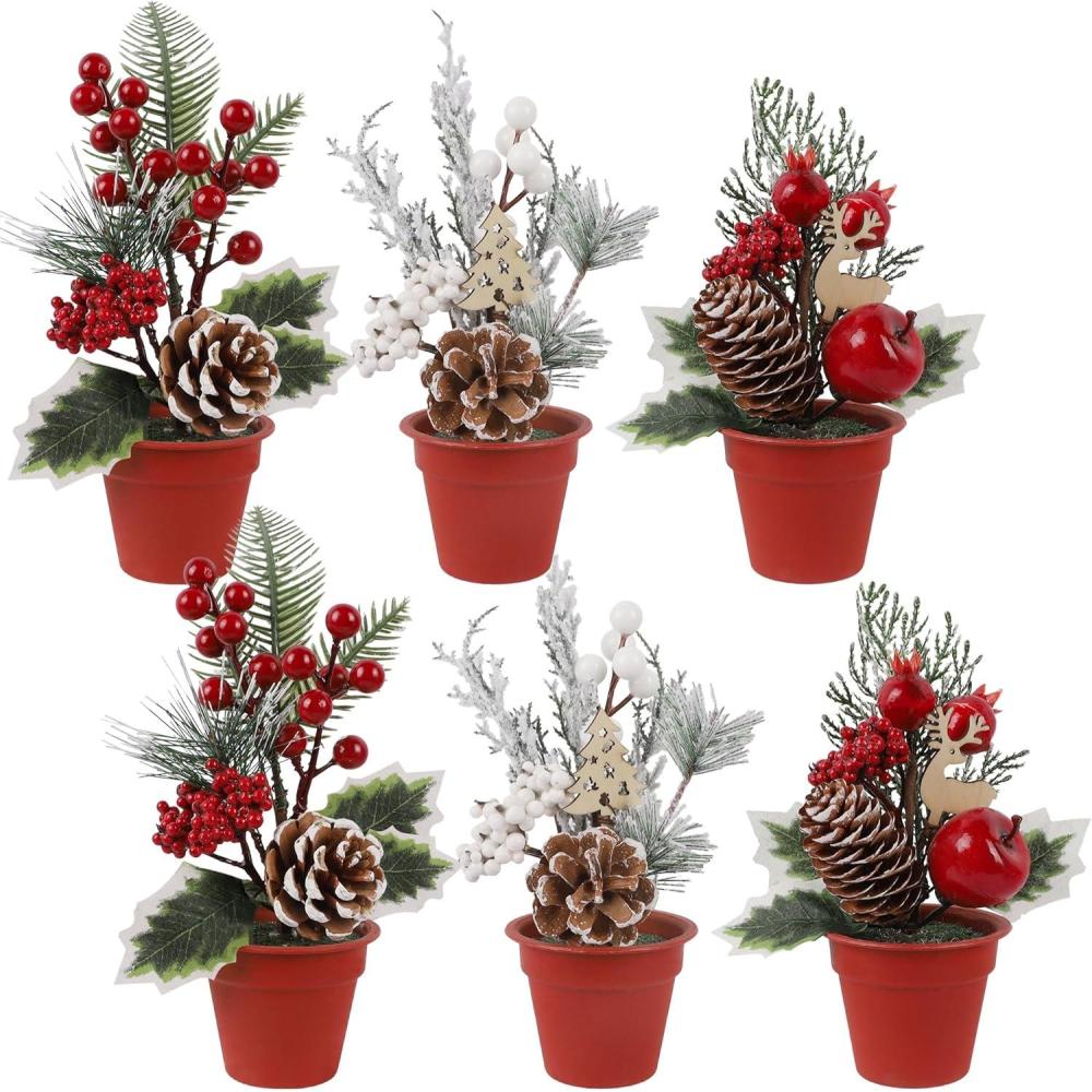 imagewinemana Mini Christmas Tree Table Decorations Indoor 3 Pcs Small Artificial Xmas Trees Decoration with Red Berries Pine Cone for Centerpiece Kitchen Office Tabletop Home Holiday Decorstyle 3