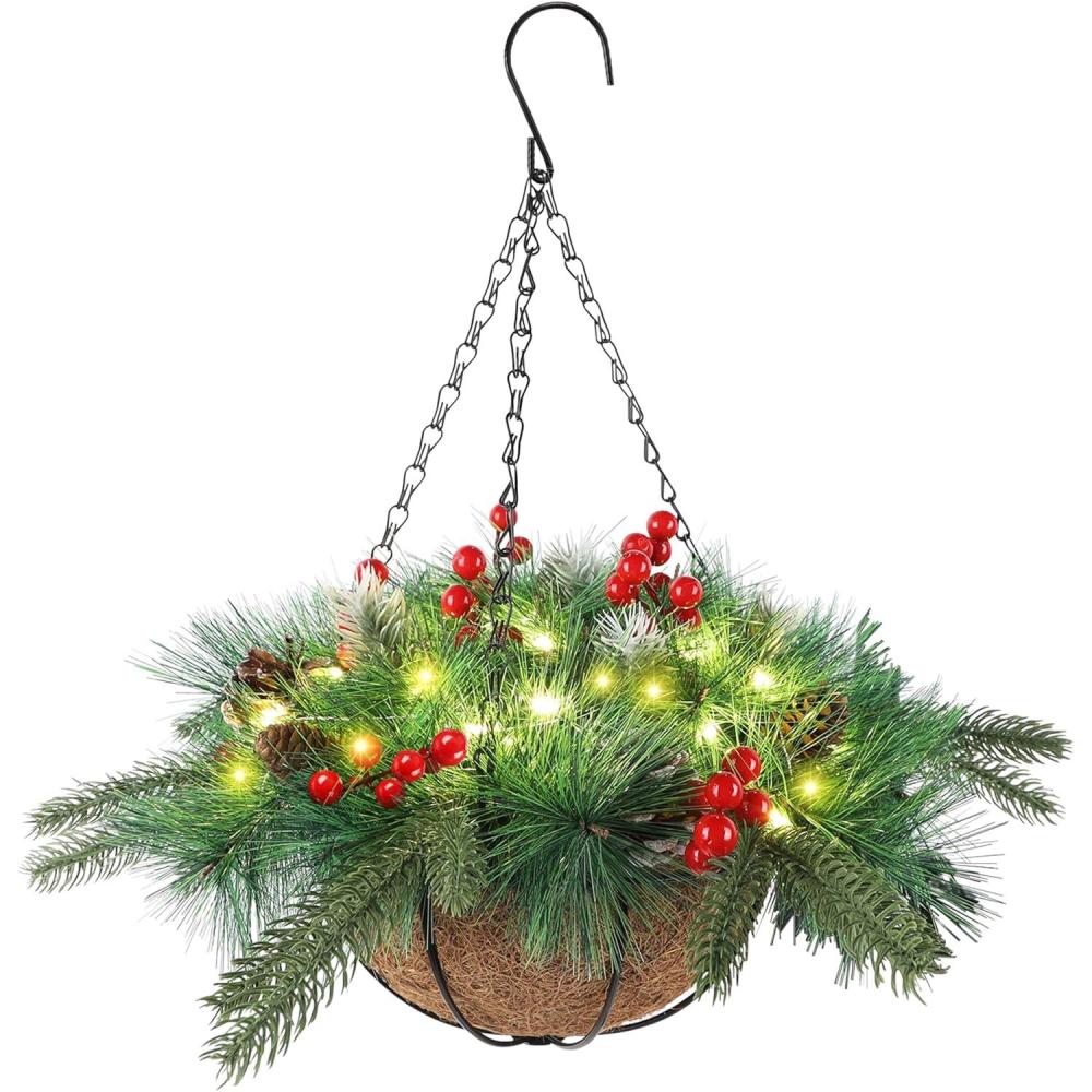 imagewinemana PreLit Artificial Christmas Hanging Basket Outdoor Decoration with Pine Cones ampamp Red Berry Clusters Battery Powered with Timer Lighted Branches Faux Plants for Outside Porch Front Door