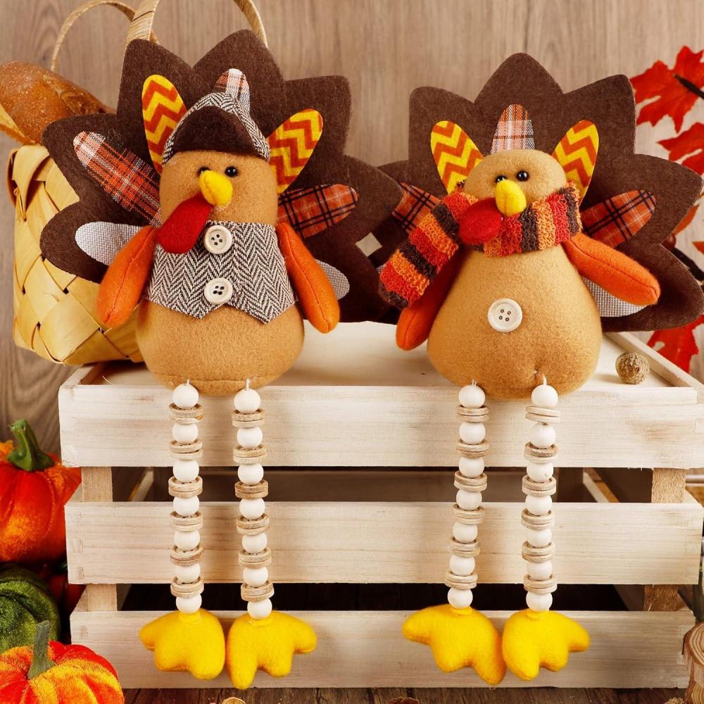 imagewinemana Thanksgiving Decorations Set of 2 Turkeys with Dangling Legs Mr and Mrs Turkey Couple Plush Tabletop Centerpieces for Fall Harvest Home Kitchen ShelfTurkeys with Dangling Legs