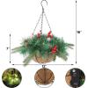 winemana Pre-Lit Artificial Christmas Hanging Basket Outdoor Decoration with Pine Cones & Red Berry Clusters, Battery Powered with Timer Lighted Branches Faux Plants for Outside Porch Front Door