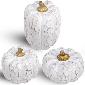 winemana 16 Pcs Golden and White Pumpkins Thanksgiving Pumpkin Decorations Assorted Sizes, Artificial Foam Harvest Autumn Decor, Fake Pumpkins Fall Decorations for Indoor Home Kitchen Table Mantle(White-1)