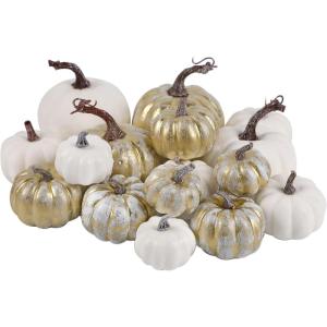 winemana 16 Pcs Golden and White Pumpkins Thanksgiving Pumpkin Decorations Assorted Sizes, Artificial Foam Harvest Autumn Decor, Fake Pumpkins Fall Decorations for Indoor Home Kitchen Table Mantle(Gold and White)