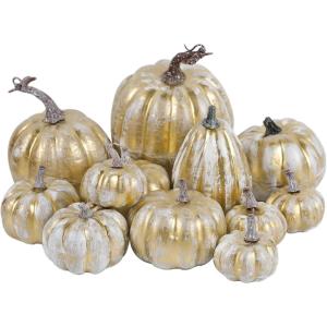 winemana 16 Pcs Golden and White Pumpkins Thanksgiving Pumpkin Decorations Assorted Sizes, Artificial Foam Harvest Autumn Decor, Fake Pumpkins Fall Decorations for Indoor Home Kitchen Table Mantle(Gold-4)