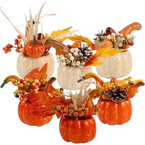winemana 16 Pcs Golden and White Pumpkins Thanksgiving Pumpkin Decorations Assorted Sizes, Artificial Foam Harvest Autumn Decor, Fake Pumpkins Fall Decorations for Indoor Home Kitchen Table Mantle(Mixed-3)
