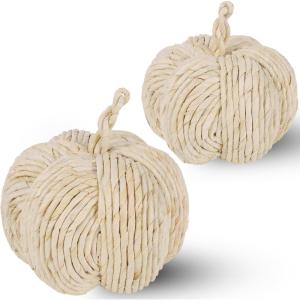 winemana 2 Pack Woven Pumpkin Decor – Fall & Thanksgiving Home Decorations, White Pumpkins Farmhouse Autumn Centerpieces for Table, Mantel, Porch Decor (Cattail Material, Assorted Size)(style 2)