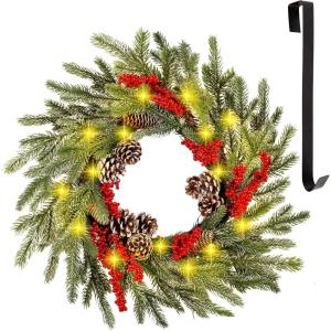 winemana 24 Inch Pre-Lit Christmas Wreath with Hanger, Timer, Pine Cone and Red Berries, Battery-Operated 20 LED Lighted Artificial Wreath Decoration for Front Door Mantel Xmas Party