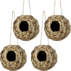 winemana 4 Pack Hanging Bird Nest House for Outside, Ball Shape, Hand Woven, Durable Sturdy, Made of Natural Grass, Perfect for Garden Patio Lawn Office Indoor(4 Pack Hanging Hummingbird House)