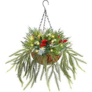 winemana Christmas Hanging Basket Decorations, Pre-Lit Hanging Baskets Artificial Plant with Lights Timer Norfolk Pine Cones Berry Clusters for Front Porch Outdoor Winter Christmas Xmas Decoration