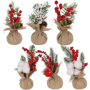 winemana Mini Christmas Tree Table Decorations Indoor, 3 Pcs Small Artificial Xmas Trees Decoration with Red Berries Pine Cone for Centerpiece Kitchen Office Tabletop Home Holiday Decor(style 1)