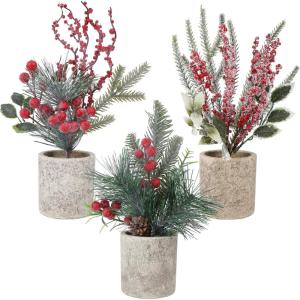winemana Mini Christmas Tree Table Decorations Indoor, 3 Pcs Small Artificial Xmas Trees Decoration with Red Berries Pine Cone for Centerpiece Kitchen Office Tabletop Home Holiday Decor(style 4)