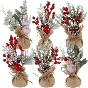 winemana Mini Christmas Tree Table Decorations Indoor, 3 Pcs Small Artificial Xmas Trees Decoration with Red Berries Pine Cone for Centerpiece Kitchen Office Tabletop Home Holiday Decor(style 2)
