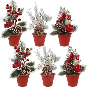 winemana Mini Christmas Tree Table Decorations Indoor, 3 Pcs Small Artificial Xmas Trees Decoration with Red Berries Pine Cone for Centerpiece Kitchen Office Tabletop Home Holiday Decor(style 3)