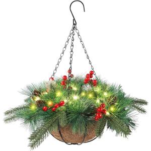 winemana Pre-Lit Artificial Christmas Hanging Basket Outdoor Decoration with Pine Cones & Red Berry Clusters, Battery Powered with Timer Lighted Branches Faux Plants for Outside Porch Front Door