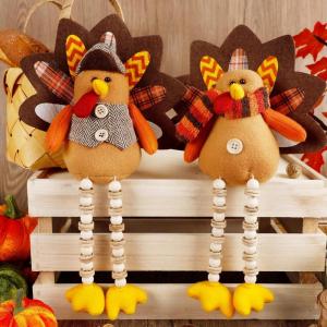 winemana Thanksgiving Decorations Set of 2 Turkeys with Dangling Legs, Mr and Mrs Turkey Couple Plush Tabletop Centerpieces for Fall Harvest Home Kitchen Shelf(Turkeys with Dangling Legs)