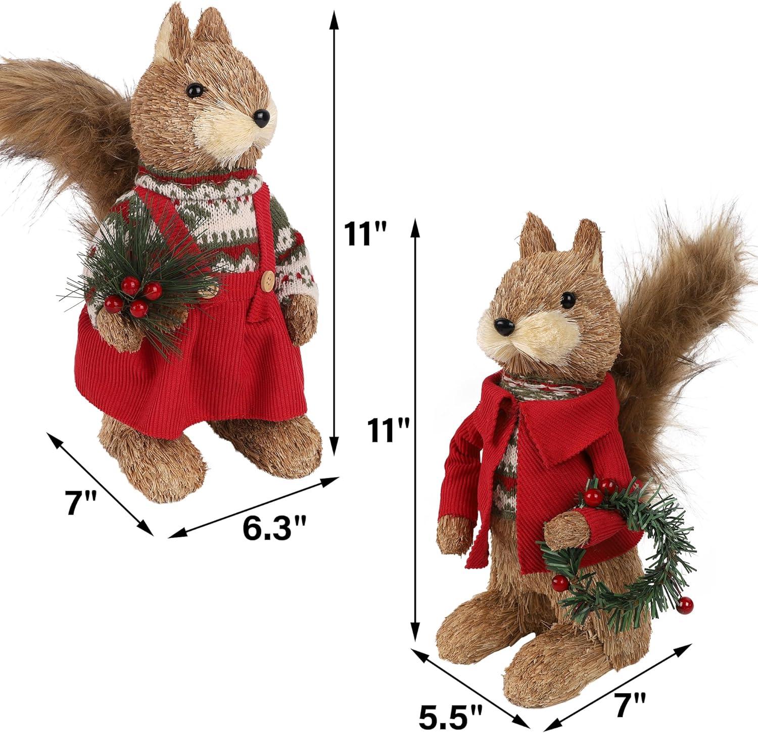imagewinemana 2 Pack Christmas Squirrel Tabletop Decorations Sisal Squirrel Figurine for Home Decor Woodland Animals Rustic Xmas Ornaments for Table Office Indoor Forest Decor Seasonal Gifts
