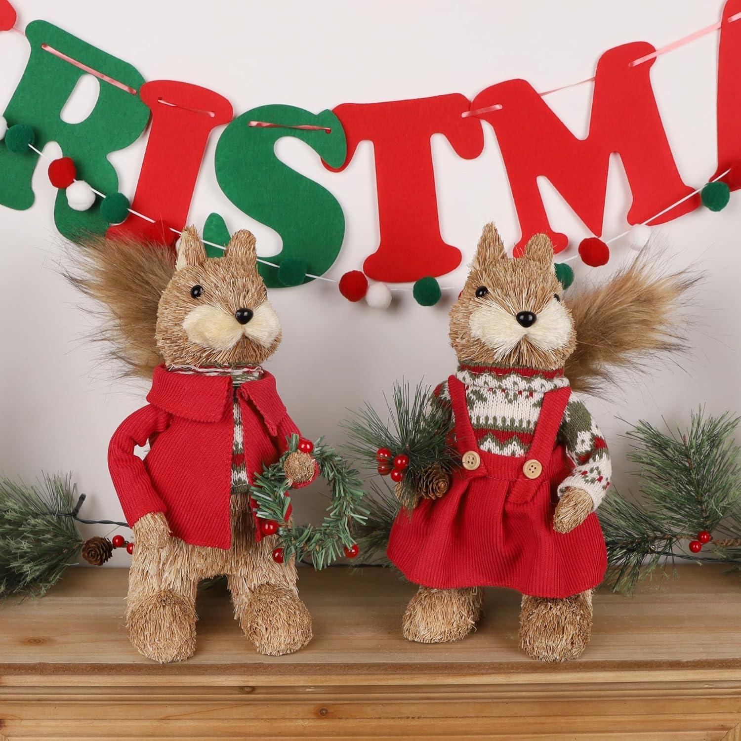 imagewinemana 2 Pack Christmas Squirrel Tabletop Decorations Sisal Squirrel Figurine for Home Decor Woodland Animals Rustic Xmas Ornaments for Table Office Indoor Forest Decor Seasonal Gifts