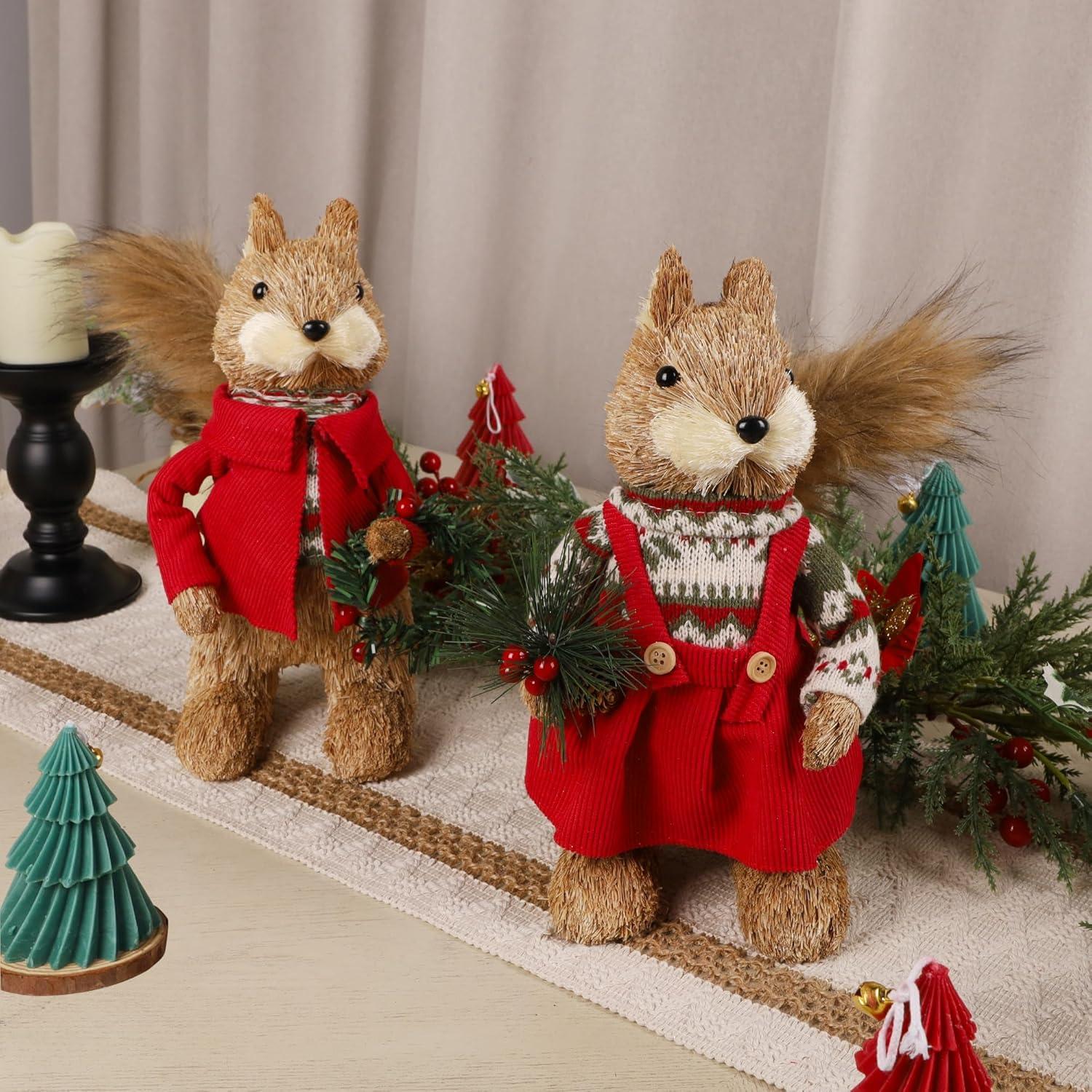 imagewinemana 2 Pack Christmas Squirrel Tabletop Decorations Sisal Squirrel Figurine for Home Decor Woodland Animals Rustic Xmas Ornaments for Table Office Indoor Forest Decor Seasonal Gifts
