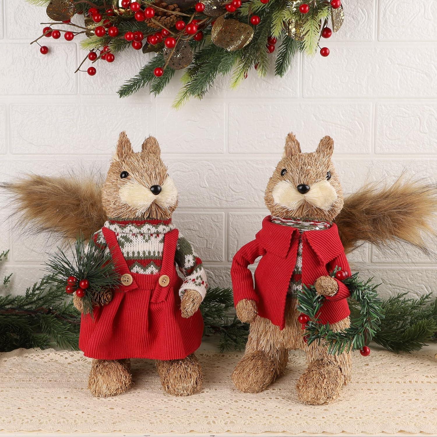 imagewinemana 2 Pack Christmas Squirrel Tabletop Decorations Sisal Squirrel Figurine for Home Decor Woodland Animals Rustic Xmas Ornaments for Table Office Indoor Forest Decor Seasonal Gifts