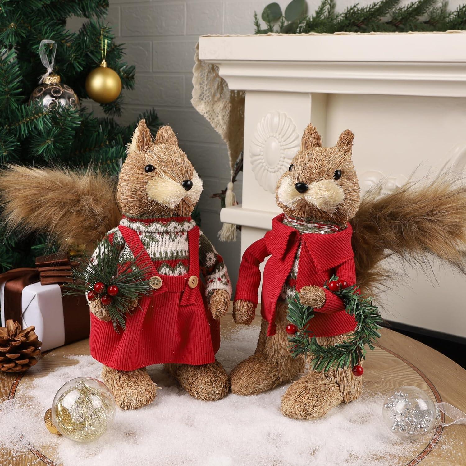 imagewinemana 2 Pack Christmas Squirrel Tabletop Decorations Sisal Squirrel Figurine for Home Decor Woodland Animals Rustic Xmas Ornaments for Table Office Indoor Forest Decor Seasonal Gifts