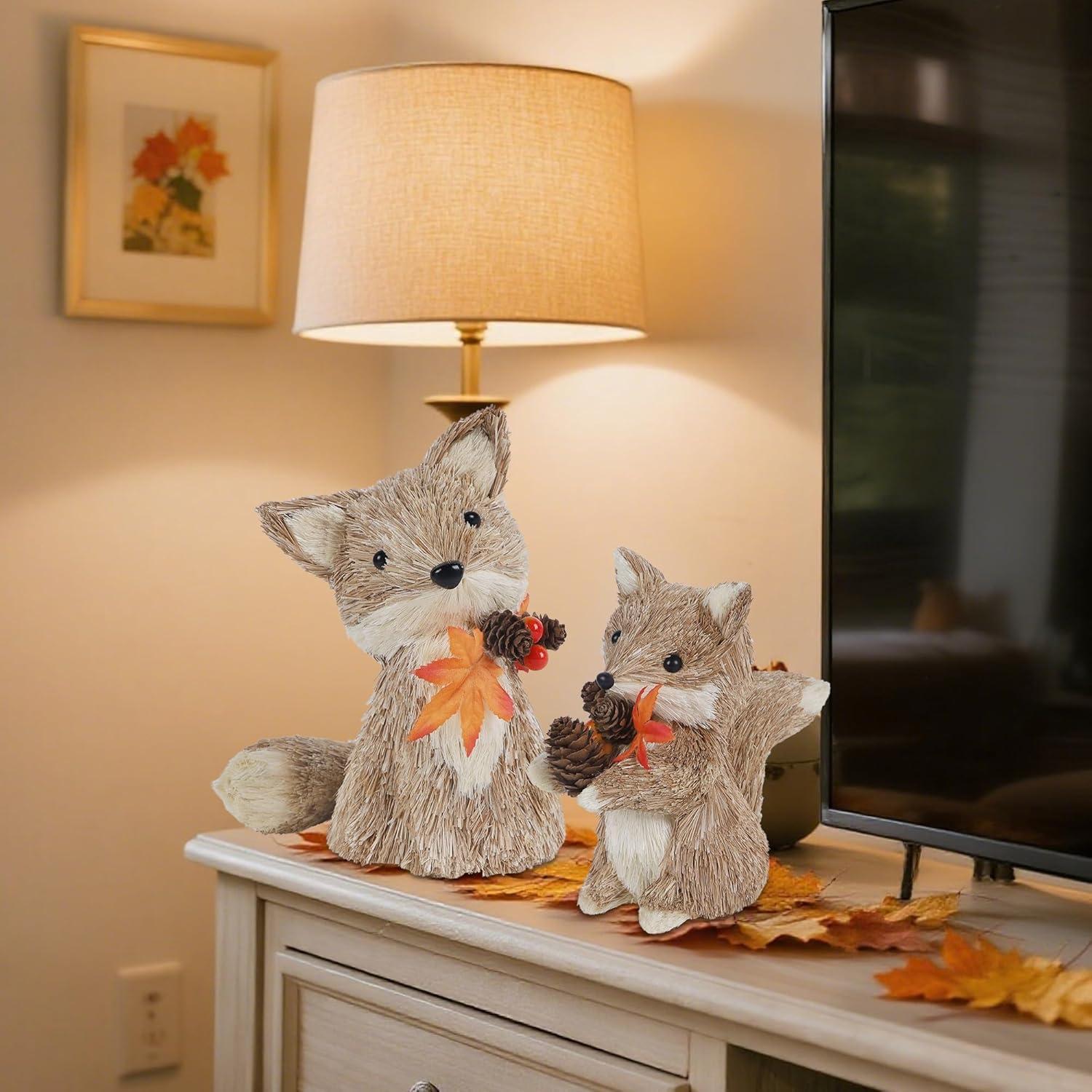 imagewinemana 2 Pack Fall Decor Fox Thanksgiving Decorations Indoor Sisal Foxes for Home Table Centerpiece Handmade Autumn Woodland Animal Friend Figurines with Pumpkin for Shelf Office Dcorstyle 1