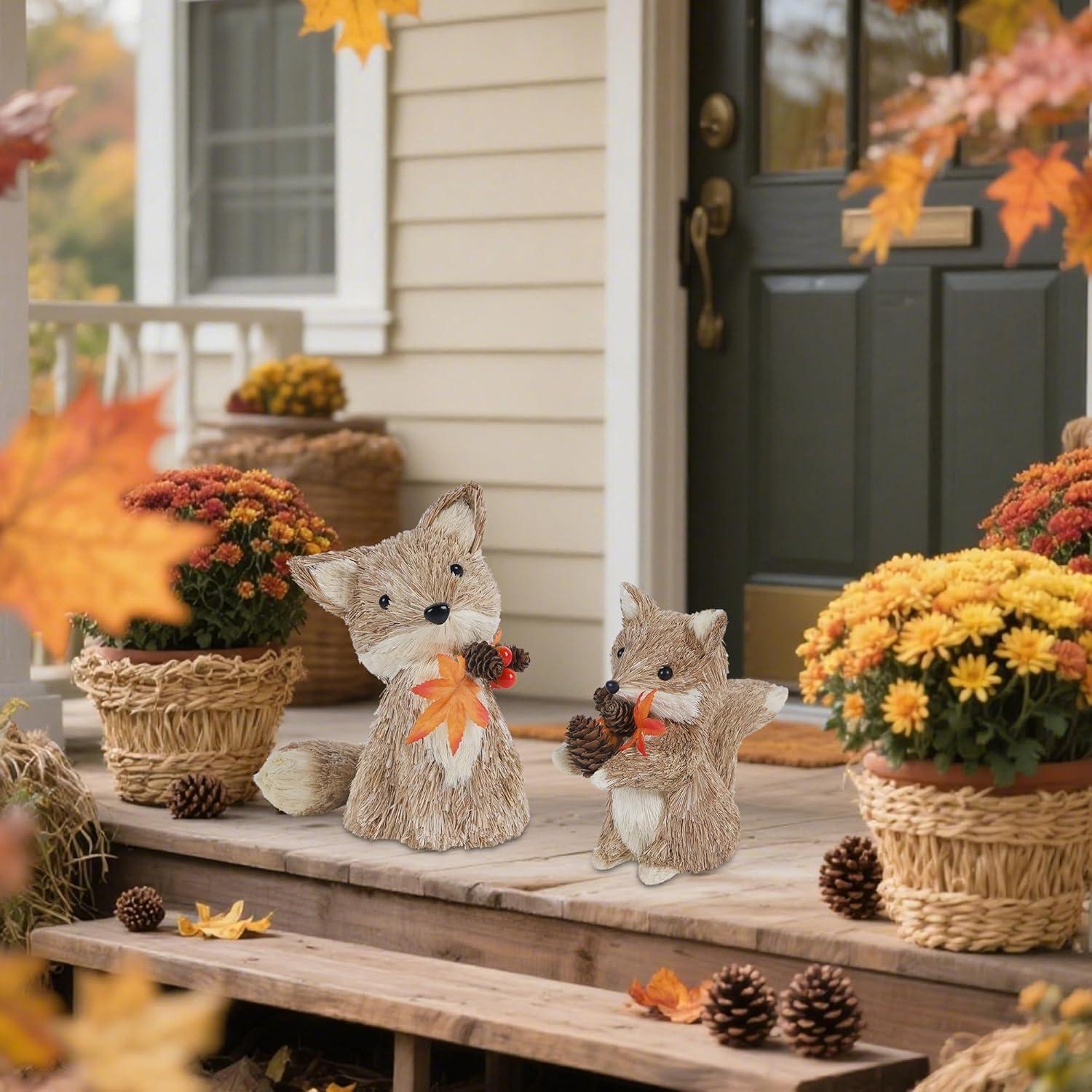 imagewinemana 2 Pack Fall Decor Fox Thanksgiving Decorations Indoor Sisal Foxes for Home Table Centerpiece Handmade Autumn Woodland Animal Friend Figurines with Pumpkin for Shelf Office Dcorstyle 1
