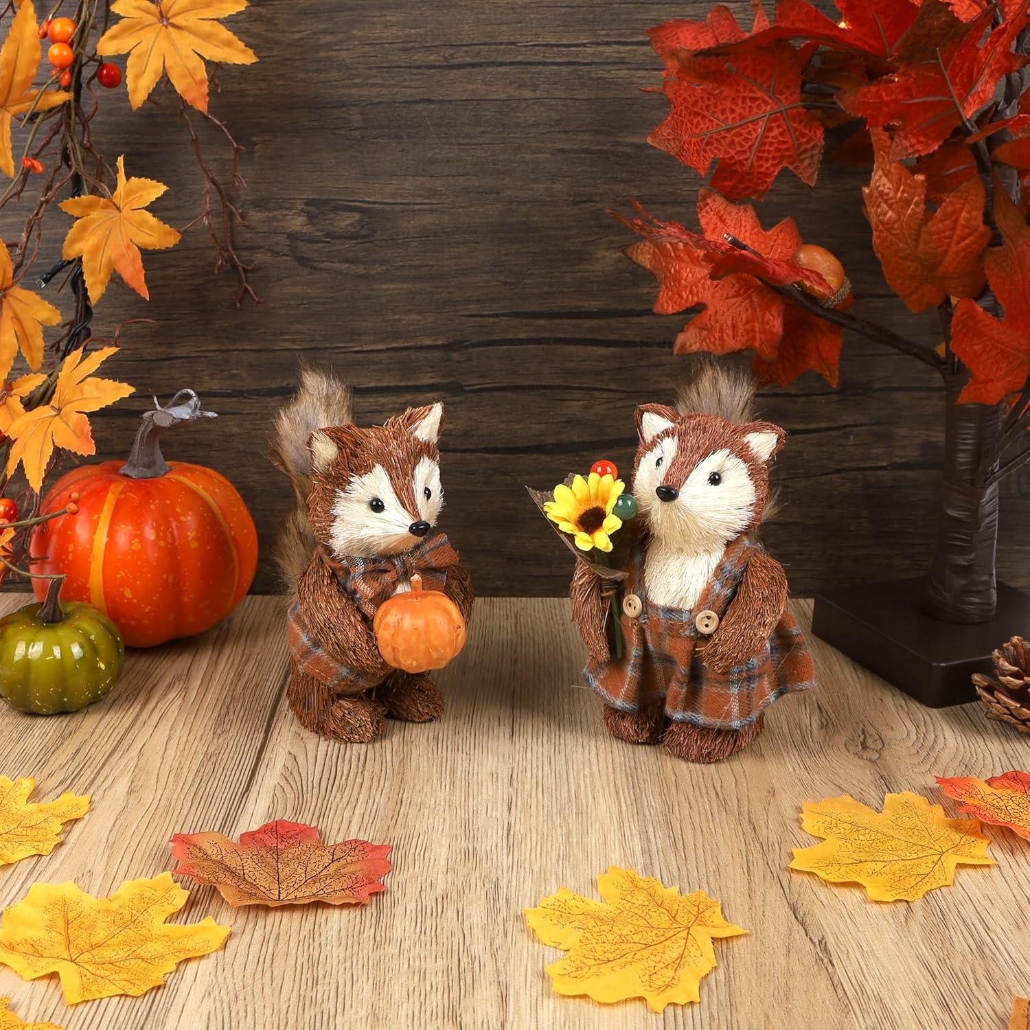 imagewinemana 2 Pack Fall Decor Fox Thanksgiving Decorations Indoor Sisal Foxes for Home Table Centerpiece Handmade Autumn Woodland Animal Friend Figurines with Pumpkin for Shelf Office Dcorstyle 2