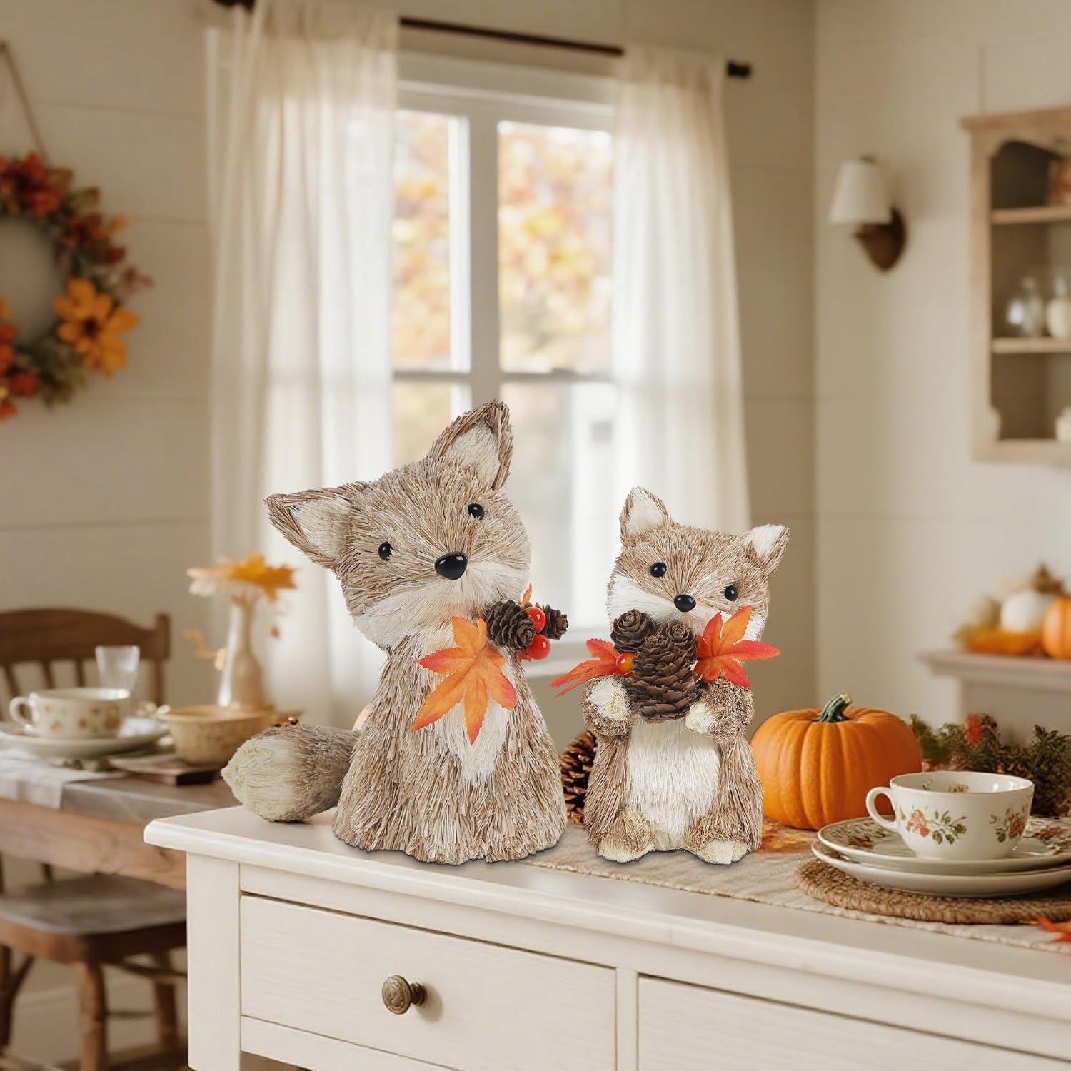 imagewinemana 2 Pack Fall Decor Fox Thanksgiving Decorations Indoor Sisal Foxes for Home Table Centerpiece Handmade Autumn Woodland Animal Friend Figurines with Pumpkin for Shelf Office Dcorstyle 1