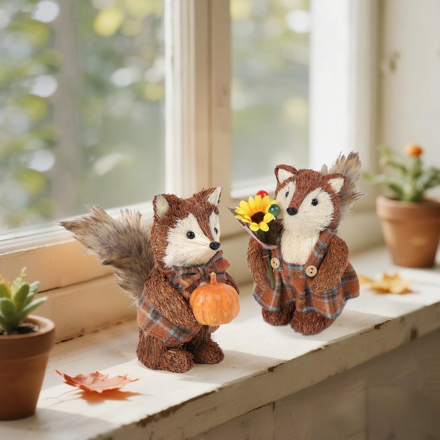 imagewinemana 2 Pack Fall Decor Fox Thanksgiving Decorations Indoor Sisal Foxes for Home Table Centerpiece Handmade Autumn Woodland Animal Friend Figurines with Pumpkin for Shelf Office Dcorstyle 2