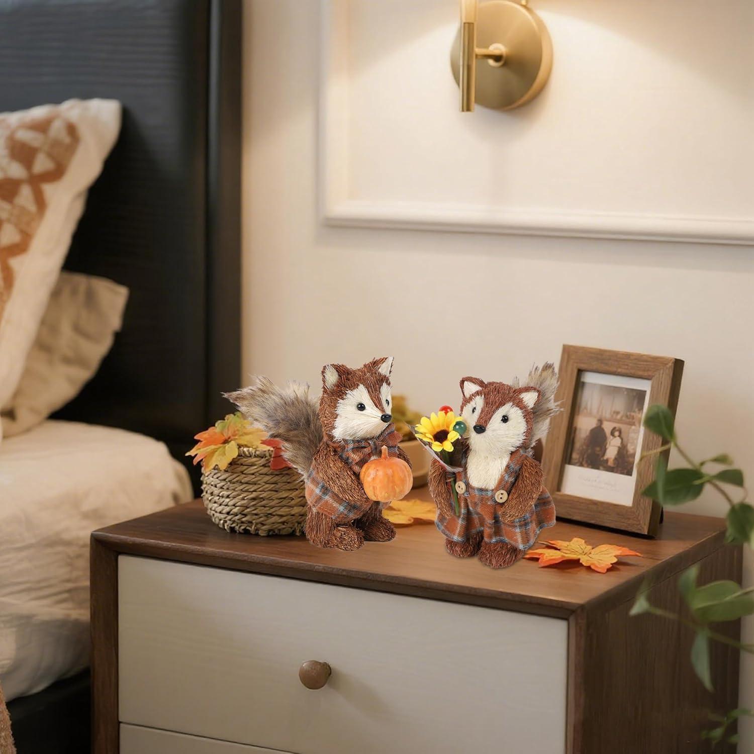 imagewinemana 2 Pack Fall Decor Fox Thanksgiving Decorations Indoor Sisal Foxes for Home Table Centerpiece Handmade Autumn Woodland Animal Friend Figurines with Pumpkin for Shelf Office Dcorstyle 2