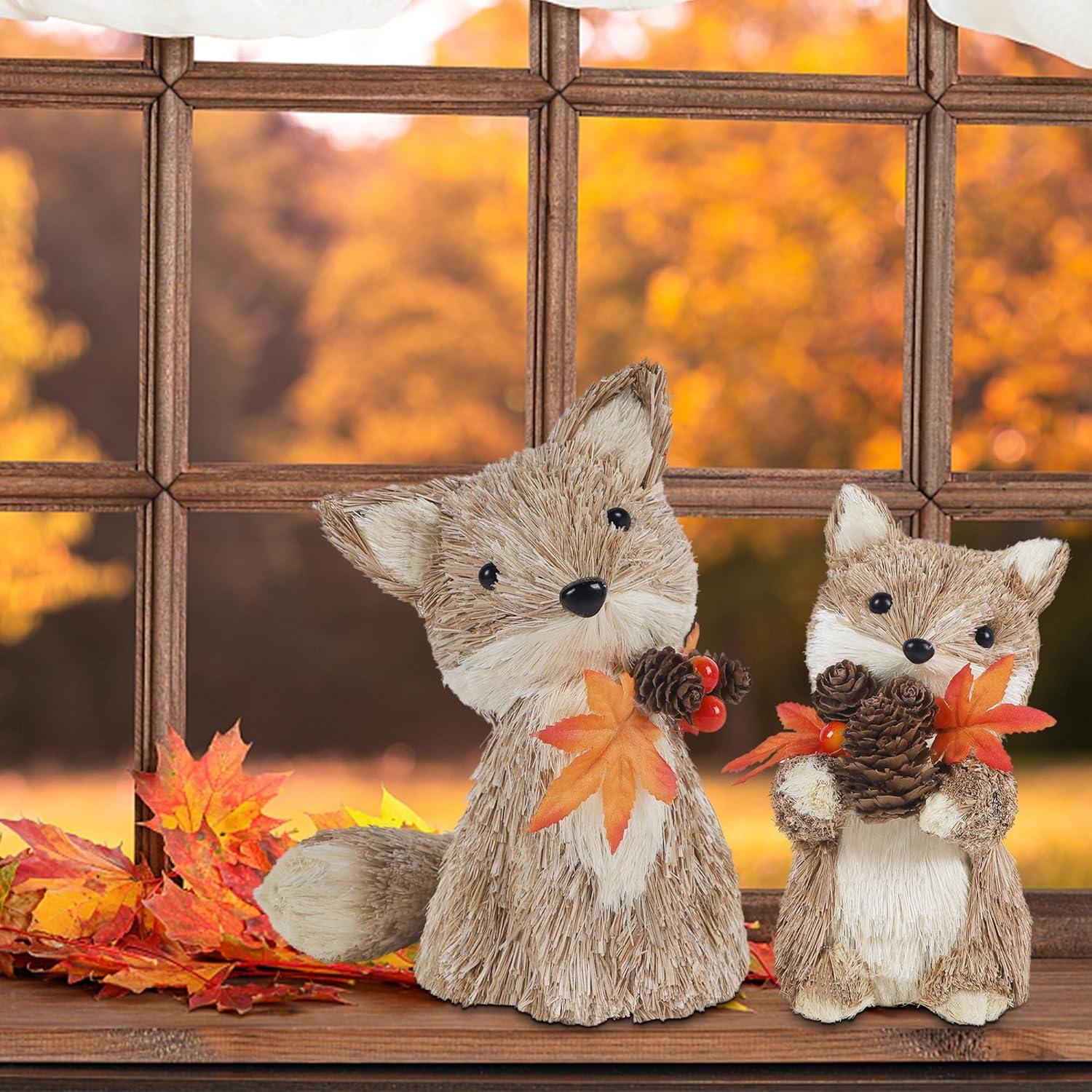 imagewinemana 2 Pack Fall Decor Fox Thanksgiving Decorations Indoor Sisal Foxes for Home Table Centerpiece Handmade Autumn Woodland Animal Friend Figurines with Pumpkin for Shelf Office Dcorstyle 1