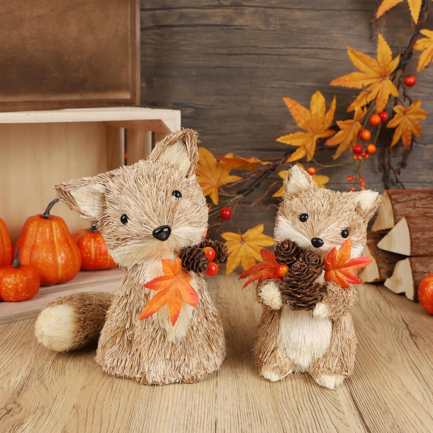 imagewinemana 2 Pack Fall Decor Fox Thanksgiving Decorations Indoor Sisal Foxes for Home Table Centerpiece Handmade Autumn Woodland Animal Friend Figurines with Pumpkin for Shelf Office Dcorstyle 1